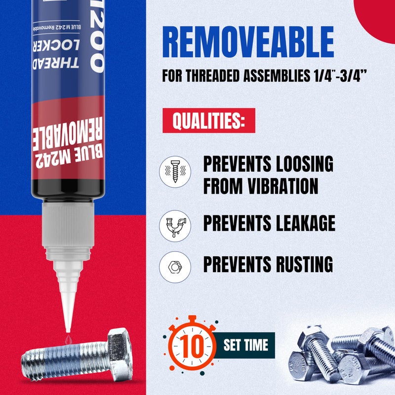 GH1200-50ML Blue Thread Lock Medium Strength for Nuts, Bolts, and Metals - Threadlocker Lock Tight & Seal Fasteners with Stable and Consistent Performance - Image 2